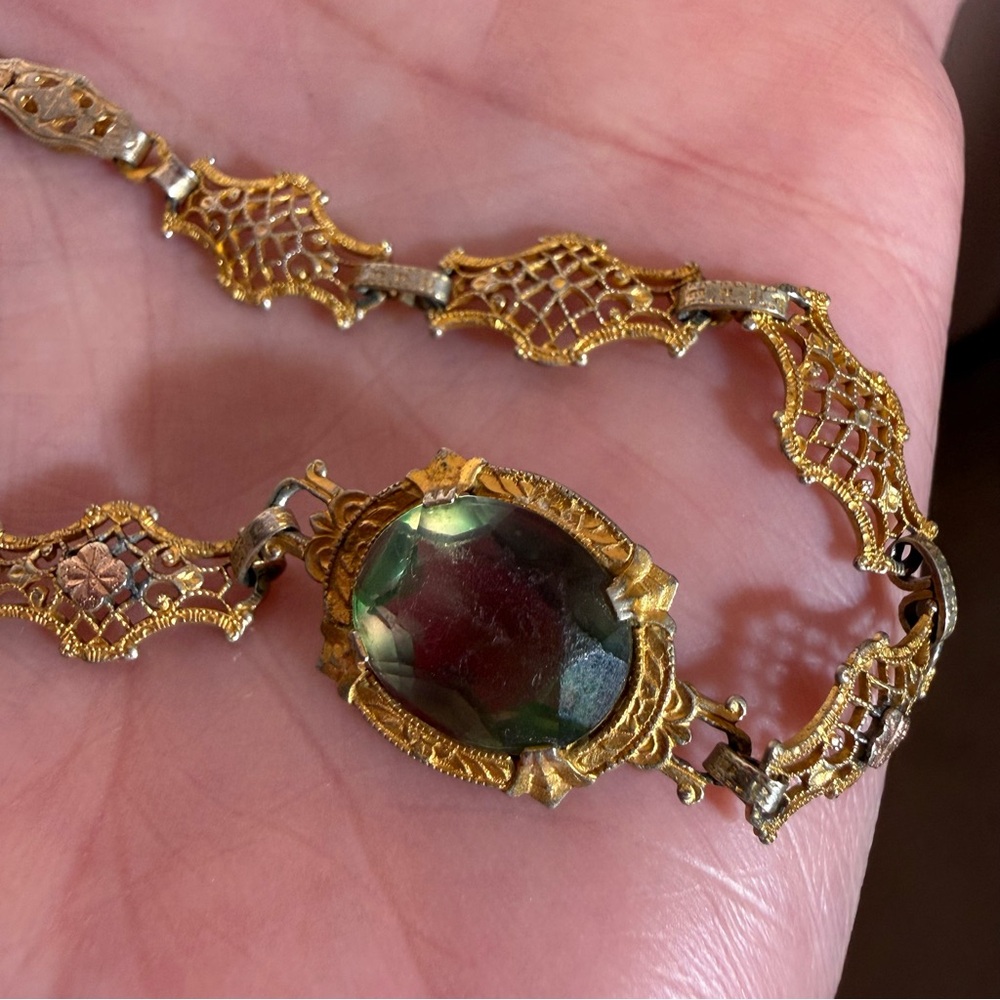 Antique Victorian Art deco Gold Filagree Green Pink iris Glass Bracelet - Picture 14 of 16